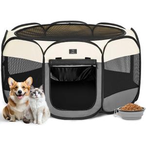 Dog Playpen for Small Dogs & Puppies, 40.55" Portable Indoor Outdoor Puppy Playpen with Bowl, Waterproof Floor, Foldable Pop-Up Pet Pen for Home, Travel & Daily Use, Grey+Beige