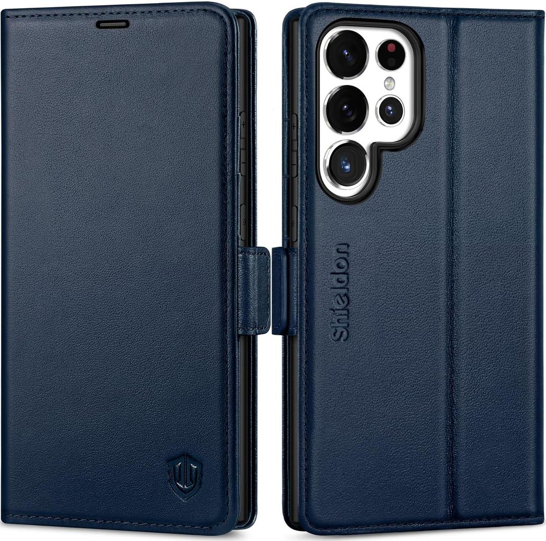 SHIELDON Case Wallet for Galaxy S25 Ultra 6.9", Genuine Leather Flip Case Kickstand RFID Blocking Credit Card Holder Magnetic Shockproof Cover Compatible with Galaxy S25 Ultra 2025 - Navy Blue