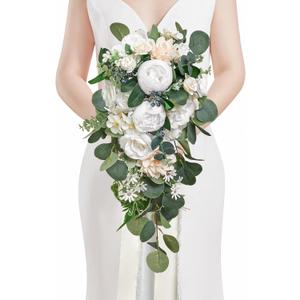 Serwalin 9.8 Inch Wedding Bouquets for Bride Bridesmaid, Forest White Peonies Bridal Bouquets for Bride, Wedding Flowers Bouquet Tossing Bouquet, Wedding Ceremony and Anniversary Day Decor