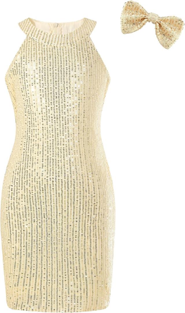 2 x EXARUS Girls Halter Neck Sparkly Sequin Dress Sleeveless Party Dance Formal
