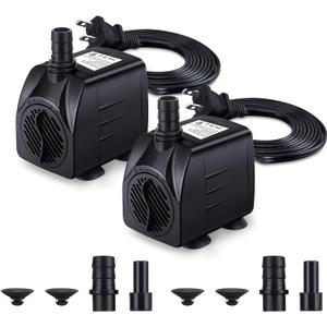 CWKJ Fountain Pump, 2 Packs 220GPH(15W 900L/H) Submersible Water Pump, Durable Outdoor Fountain Water Pump with 7.2ft2.2m Power Cord, 3 Nozzles for Aquarium, Pond, Fish Tank, Water Fountain Pump
