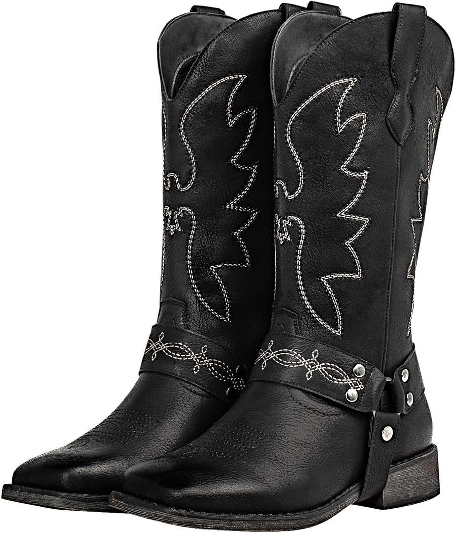 SheSole Women's Buckle Strap Wide Calf Cowboy Boots Square Toe Western Cowgirl Boots (Black) US 7
