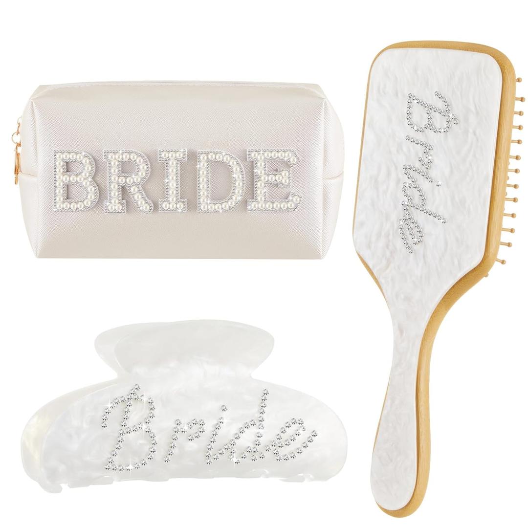 3 Pcs Bride to Be Gift Set Bride Makeup Bag Hair Brush Claw Hair Clip for Wedding Engagement Gift Bridal Shower Bachelorette Party Accessories