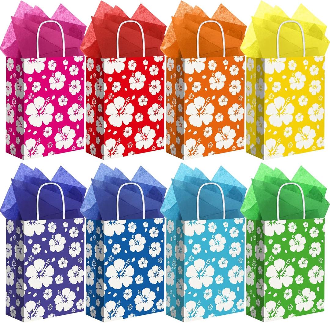 MIMIND 48 Pack Hibiscus Party Favor Bags Hawaiian Themed Paper Bag with Handles Tissue Paper Summer Tropical Gift Bags Tiki Luau Treat Goodie Bag for Hawaii Party Summer Birthday Supplies, Multicolor