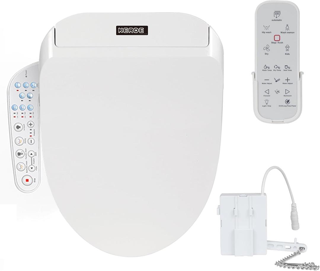 KERDE P30A Electric Bidet Toilet Seat with Auto Flush & Dual-Control (Remote+Panel) Heated Seat, Warm Water Wash, Self-Cleaning Nozzle, Universal Fit for Elongated Toilets (Remote+Armrest)