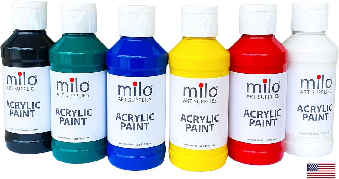 milo Acrylic Paint Set of 6 Colors | 4 oz Bottles | Student Primary Colors Acrylics Painting Pack | Made in the USA | Non-Toxic Art & Craft Paints for Artists, Kids, & Hobby Painters