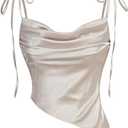 Milumia Women's Satin Silky Pleated Cowl Neck Crop Top Tie Shoulder Ruched Asymmetrical Hem Cami Tops (Large, Apricot)