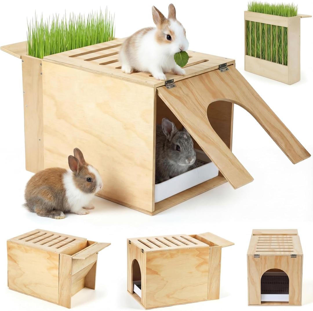 2 in 1 Extra Large 23 x 13.4 Inches Wooden Rabbit Litter Box with Hay Feeder Large Capacity Less Mess Rabbit Hay Feeder Litter Box Set for Rabbits, Bunny, Guinea Pig, Hamster, Small Animals