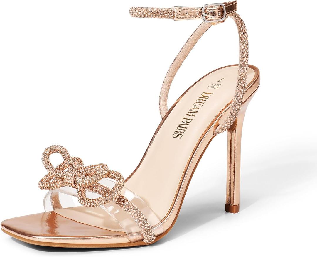 DREAM PAIRS Women's Double Bowknots Crystal Sandals Clear Slingback Heels Square Toe Shoes for Party Wedding (Beige)