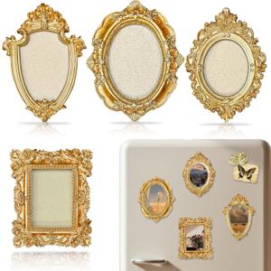 4 Pcs Small Magnetic Picture Frames for Refrigerator, Vintage Mini Gold Frames with Hooks and Rope for Hanging - A Baroque Victorian Decor Set with Small Angel - Elegant Miniature Art for Fridge, Gallery Wall, Shelf Display