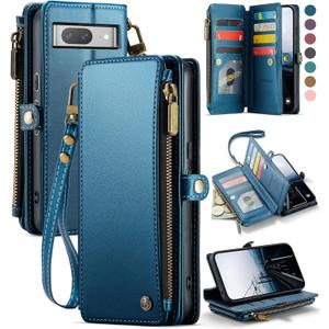 Defencase Compatible with Google Pixel 8 Case, RFID Blocking Wallet Case Suitable for Google Pixel 8 Fashion PU Leather Magnetic Flip Zipper Strap Card Holder Phone Case for Women and Men, Lake Blue