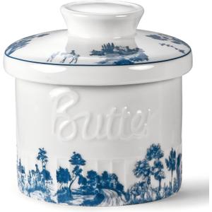 Butter Crock with Lid, French Butter Dish with Water Line for Countertop, Ceramic Butter Keeper for Spreadable Butter, Container Holder for Kitchen and Home Decor, 6.7 OZ, Forest Blue