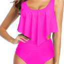Tempt Me Women Two Piece High Waisted Bikini Swimsuit Ruffle Bathing Suits Tummy Control Tankini Ruched Swimwear (Large, Pink)