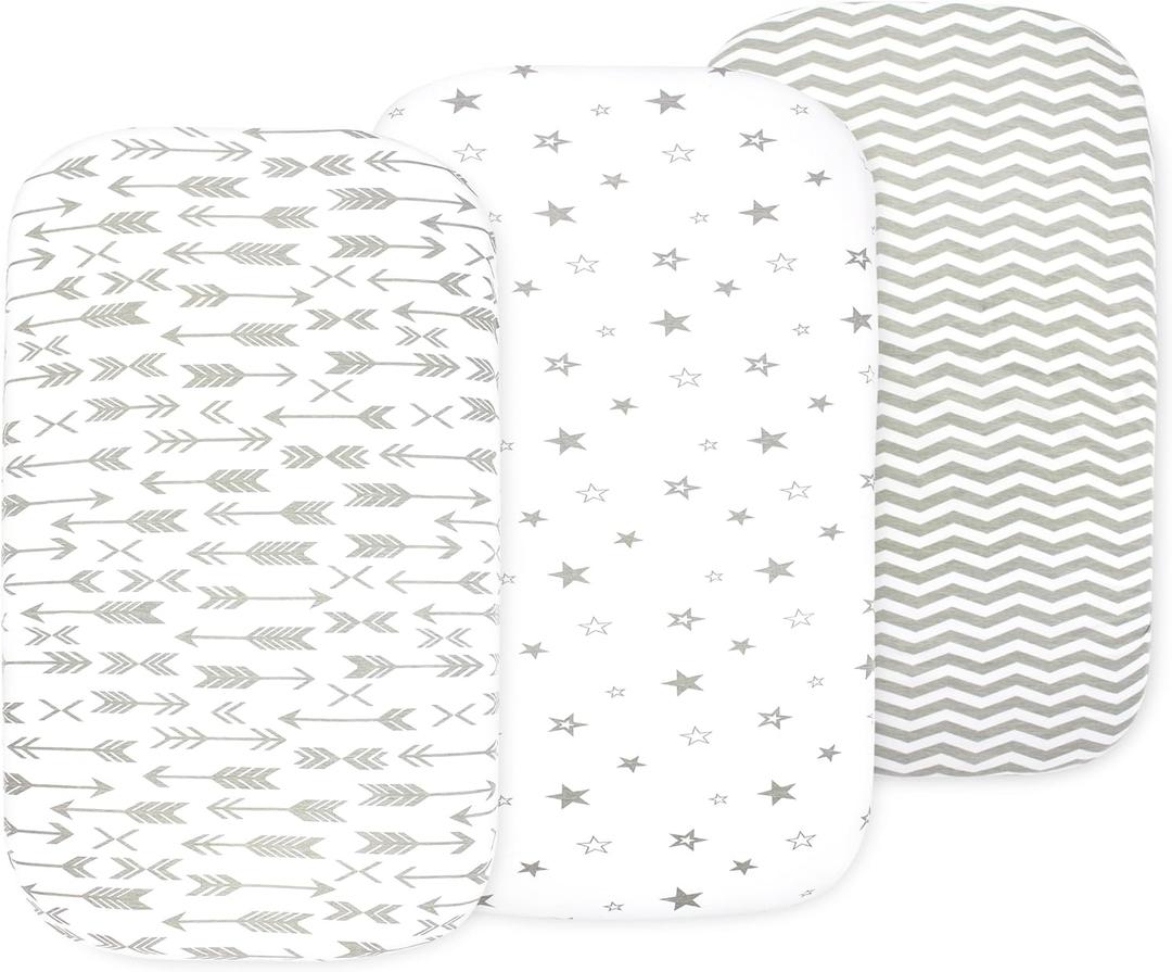Bassinet Sheets for Baby Girl & Boy  3-Pack Soft Fitted Bassinet Sheets, Organic Cotton, Breathable & Cozy, Fits 32x16x4 Inch Rectangle, Oval & Hourglass Mattresses (Grey/White)