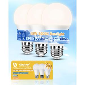 Neporal Full Spectrum Light Bulb 15W LED=100W, 5000K Flicker-Free Daylight, UV-Free & High CRI & Eye-Caring Natural Sunlight Light Bulbs for Humans, Home, Office, Plant  E26/E27, 30000H Lifespan,3PK