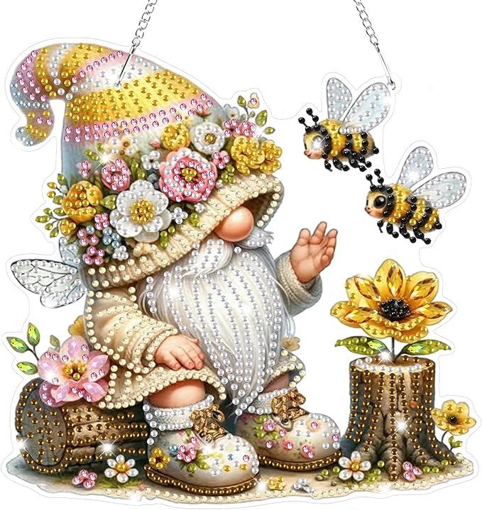 Bowetile Gnome Diamond Art Hanging Kits for Adults Kids, 5D Special Shape Bee Diamond Painting Flowers Pendant Kits, Gem Art Suncatchers Painting Window Ornament for Home Garden Wall Decor