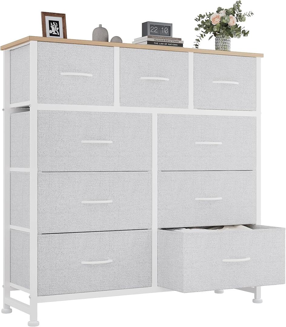 OLIXIS 9 Drawer Storage Dresser with Wood Top - Wide Fabric Chest Organizer for Bedroom, Closet, Living Room,Tower Cabinet, TV Stand, Hallway Entryway Furniture,Light Grey, 11.8"D x 39.6"W x 39.4"H