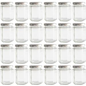 190ml 6oz Hexagon Glass Jars, Pack of 24 Sets With Silver Lids for Jam, Honey, Jelly, Candy, Candle, Wedding Favors, Baby Shower, Spice, Crafts, Party Favors, Samples