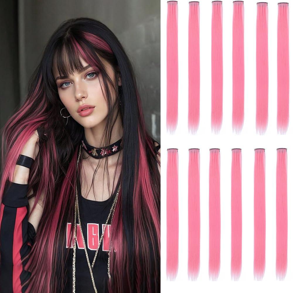 12 Pcs Pink hair extensions 22 Inch Straight colored hair colorful clip in extensions Highlight Party for Girls and Women Gift(Pink,26)