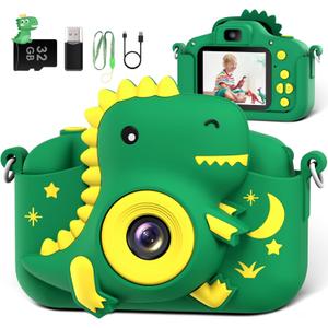 Kids Camera, Dinosaur Toddler Digital Camera for Ages 3-12 Boys Girls Childrens, Christmas Birthday Gifts, Selfie 1080P HD Video Camera for 3 4 5 6 7 8 9 Years Old Boys Girls Toys Gifts (Green)