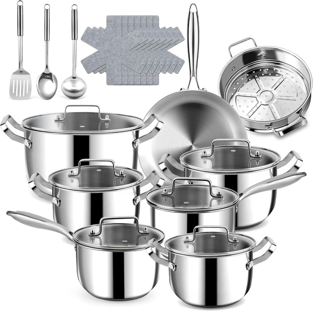 Umite Chef 17Pcs 5 Ply Clad Stainless Steel Cookware Set with Lids, Heavy Duty Pots and Pans Kitchen Set, Induction-Ready, Dual Aluminum Core for Even Heat, Cool Grip Handles, Dishwasher Safe, Large