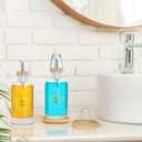Mouthwash Dispenser for Bathroom 11.8oz – Clear Glass Mouthwash Bottle with Bamboo Tray, Silicone Base, Gold Hot-Stamped Lettering, Refillable Mouthwash Container for Bathroom (Clear)