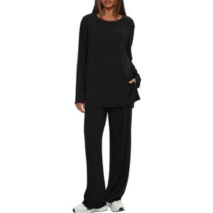 Darong Women's 2 Piece Lounge Set Casual Long Sleeve Crew Neck Tops Wide Leg Pants Travel Airport Outfit Matching Sets (Large, Black(regular))