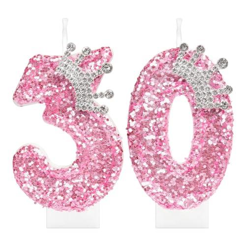 iNINGER Pink Birthday Number 30 Candles,Pink Crown Happy Birthday Supplies for Cake,Rose Gold Glitter Cake Candles for Girl Women Wedding Party Anniversary Celebrations Supplies