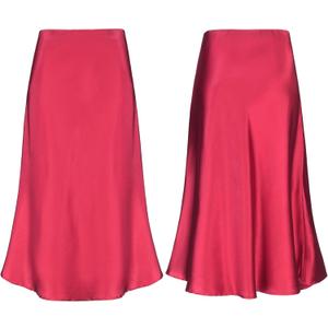 Mist Azur Women Silky Satin Side Split Skirt High Waist Elastic Elegant A Line Midi Skirts for Women (Medium, Red-02)