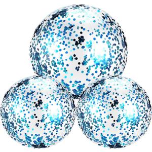 Hsei 3 Pcs Inflatable Beach Ball 16 Inch Glitter Summer Swimming Pool Disco Balls with Confetti Floatable Blow up Toys Decorations for Beach Wedding Outdoor birthday Party Favor(Blue)