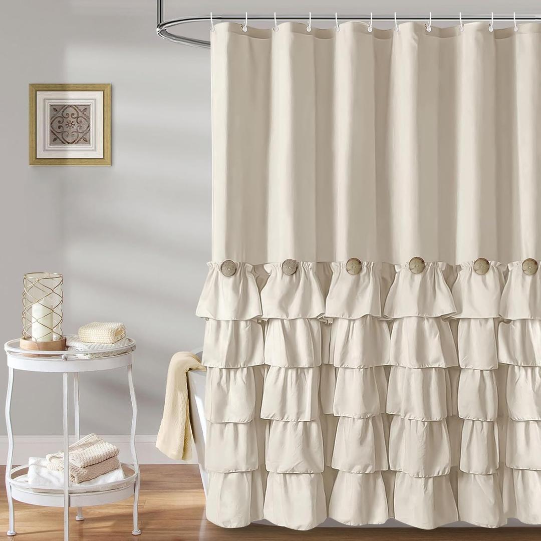 Seasonwood Beige Ruffle Shower Curtain Neutral Shower Curtain Button Design Farmhouse Country Style Rustic Decorative Fabric Shower Curtains (72"W x 72"L (Pack of 1), Natural)