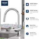 GROHE 31378003 Minta Pull-Out Kitchen Faucet with Sprayer Chrome, Supersteel, Touch 
