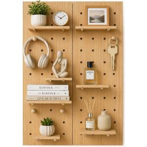 Large Wood Pegboard Wall Organizer - Heavy Duty 2 Panel Wooden Peg Board Kit with Shelves, Modular Wall Storage Display for Craft Room, Office, Bedroom, Living Room