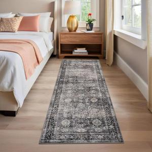 GarveeHome Runner Rugs 2x6 Vintage Printed Hallway Rugs with Non-Slip Backing, Stain-Resistant Oriental Area Rugs, Washable Farmhouse Low Pile Rugs for Kitchen, Laundry, Green Camel (Grey/Lake)
