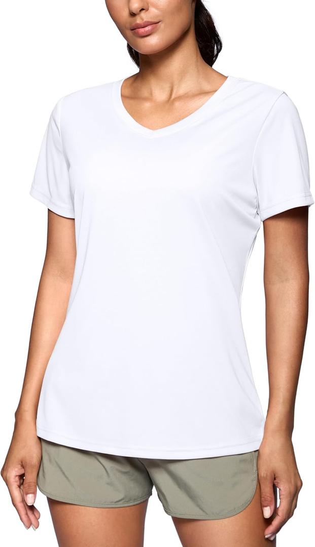 SANTINY Women's V Neck Short Sleeve Shirts Uv Protectioin Moisture Wicking Hiking Workout Athletic T Shirts for Women (White, XL)