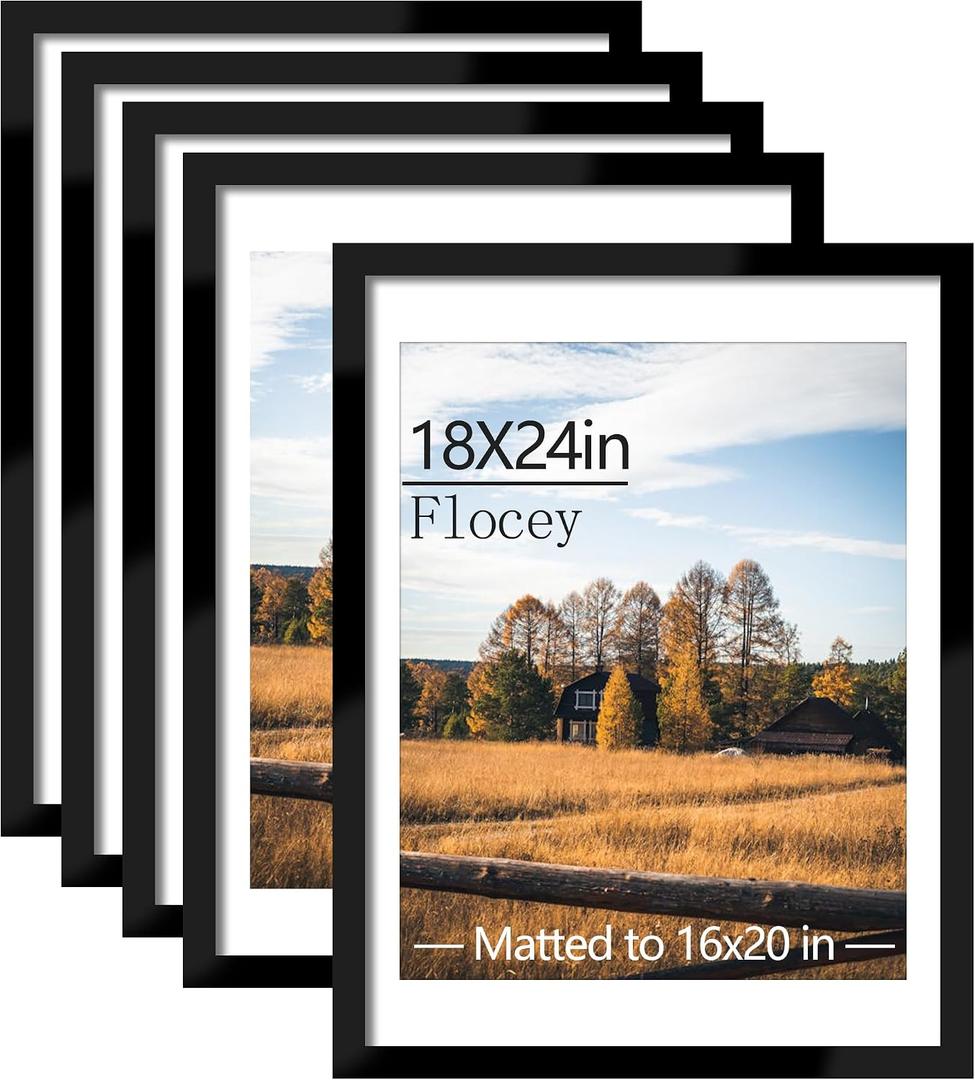 18x24 Picture Frame Set of 5, Black Poster Frame, Display Pictures 16 x 20 with Mat or 18 x 24 Without Mat for Horizontal or Vertical Wall Mounting, Wall Gallery Frame for Artwork, 18x24-5PACK
