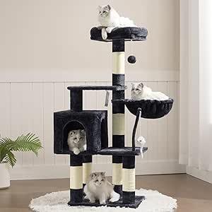 Heybly Cat Tree with Toy, Cat Tower Condo for Indoor Cats, Cat House with Padded Plush Perch, Cozy Hammock and Sisal Scratching Posts, Smoky Gray HCT004SG (43.3 inch)