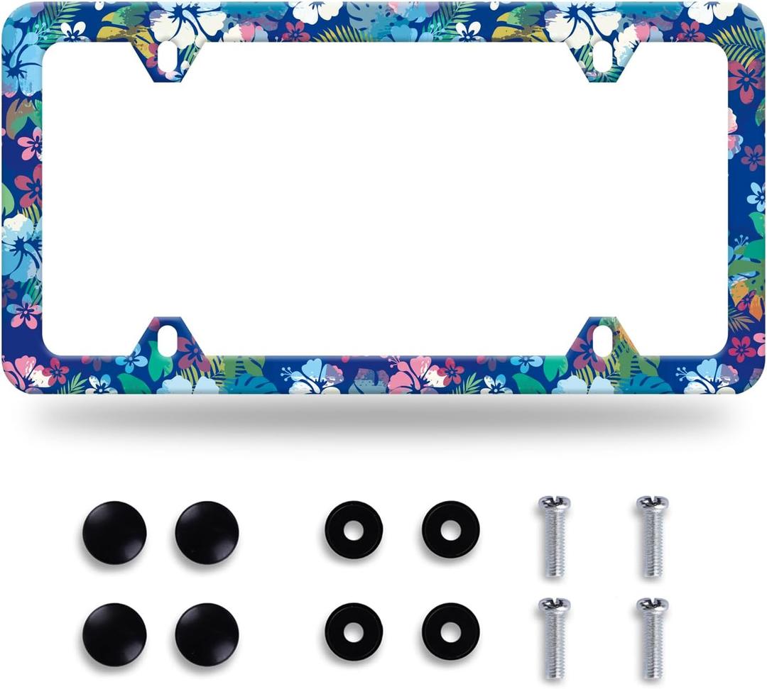 Blue Pink Hibiscus License Plate Frame Colorful Tropical Floral License Plate Frames Stainless Steel Accessories Cars Decor with 4 Holes and Screws Fits Standard US CA Vehicles Size 12.2 x 6 Inches
