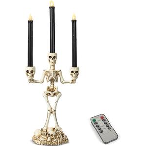 KI Store Skeleton Candelabra with Black LED Candles Set 20-Inch Gothic Decorations for Halloween Fireplace Mantel Table Centerpieces (White)
