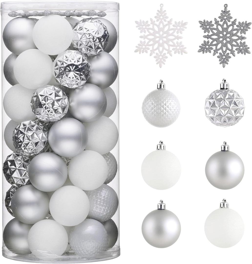 Valery Madelyn Christmas Tree Decorations Ornament Set, 50ct 2.36 Inches White and Silver Shatterproof Christmas Ball Ornaments Hanging Xmas Holiday Party Decor (Large)