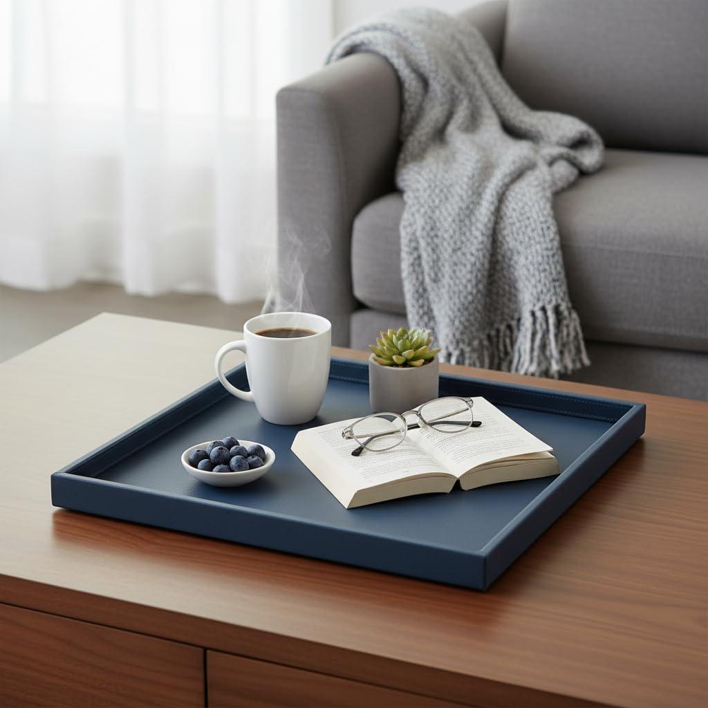 20 * 20 Inch Rectangular Ottoman Tray | Textured PU Leather, Waterproof & Heat-Resistant Storage for Coffee/Dining Tables, Sofa, Bed, Entertainment & Party (Navy Blue, 20 * 20in)