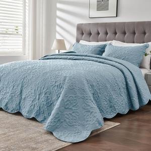 Oversized King Bedspreads 128x120 Extra Wide Quilt for Tall King California King Bed Lightweight 3 Piece Quilted Coverlet Pillow Shams Set Spa Blue