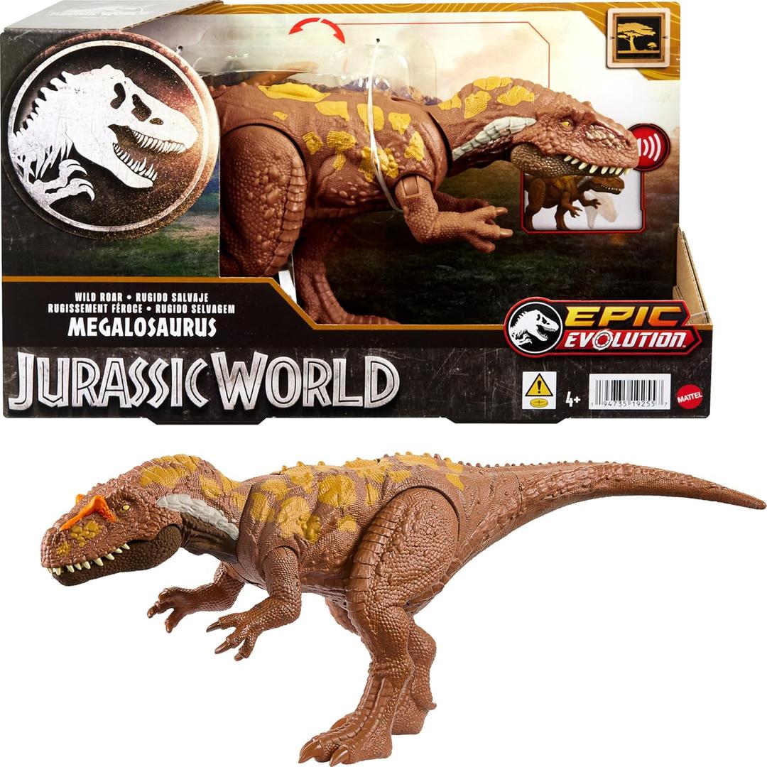 Mattel Jurassic World Wild Roar Dinosaur Toy with Sound & Attack Move, Megalosaurus Posable Action Figure Includes Digital Play, 11 inches Long