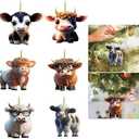 Cartoon Cow Decorative Hanging Ornaments for Christmas Tree,Cute Cartoon 2D Acrylic Highland Cow Pendants Christmas Tree Decorations(12 pcs)