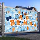Cartoon Theme Happy Birthday Backdrop Kids Decor Blue Orange Photography Background Banner Baby Shower Photo Props Holiday Party Supplies 5x3ft
