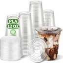 12 OZ Compostable Clear Plastic Disposable Iced Coffee Cups with Flat Lids, Biodegradable Cold Drinking Cups To Go Coffee for Party, Smoothie, Boba Tea, Slushy, Lemonade 50 Sets