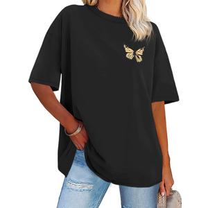 Womens Oversized Tshirt Graphic Tees Crew Neck Summer Short Sleeve Loose Fit Tops (XX-Large, A-butterfly Print Black)