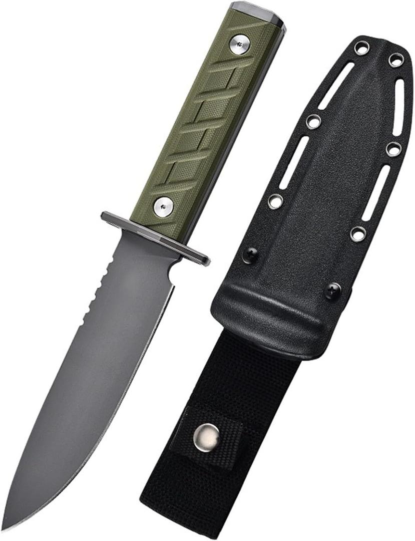 0006 Full Tang Fixed Blade Survival Hunting Knife, 5.9 inch CPM 3V Drop Point Blade, Green G10 Handle, Fixed Blade Knife with Kydex Sheath, for EDC, Outdoor Tactics, Camping and Hunting