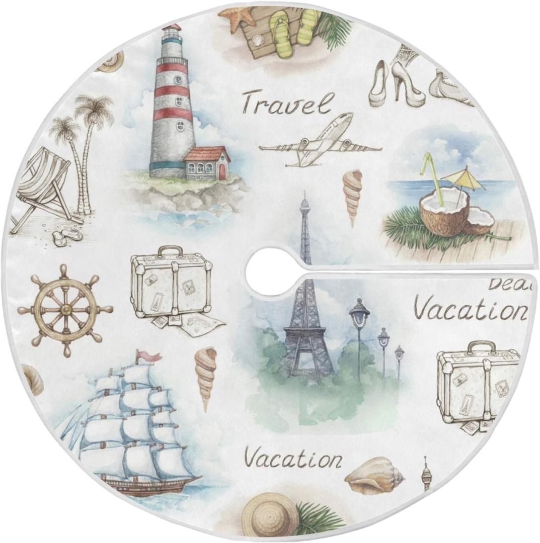 Blueangle 35.4Inch Travel Landscape Pattern Christmas Tree Skirt Large Round Tree Skirt Polyester Christmas Tree Skirt Christmas Decorations