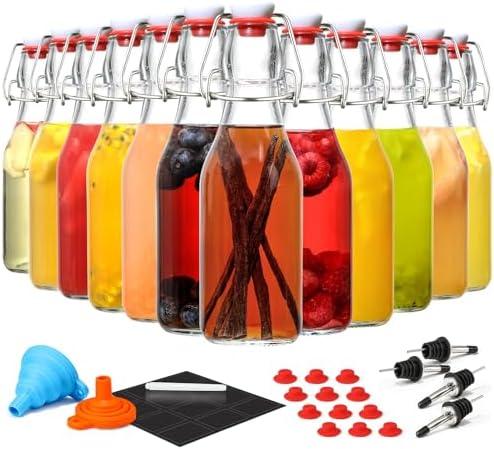 12 Pack 8.5oz Flip Top Glass Bottles, Swing Top Beer Brewing Bottle for 2nd Fermentation, Kombucha, Kefir, Vanilla Extract, Coquito, Juice, Tea - Airtight Stopper Cap Lid, Bonus 4 Bottle Pourers